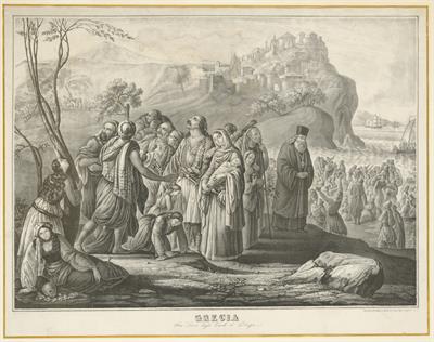&quot;GRECIA/ Una scena degli e suli di Parga&quot;. Λιθογραφία για τον ξεριζωμό των κατοίκων της Πάργας του Meth Fontana, 1853.