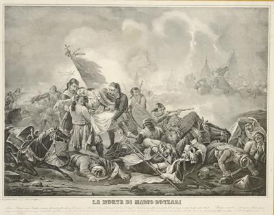 &quot;La morte di Marco Botzari&quot;. Ο θάνατος του Μάρκου Μπότσαρη στο Μεσολόγγι το 1823. Λιθογραφία του M. Fontana.