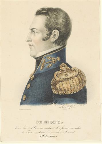Ο Ανρί ντε Ρινί, Ναύαρχος του γαλλικού στόλου στη Ναυμαχία του Ναβαρίνου το 1827. Επιζωγραφισμένη λιθογραφία του Levilly, Παρίσι.