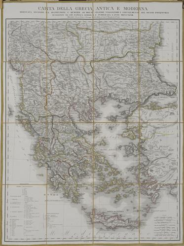 &quot;Carta della Grecia antica e moderna&quot;. Χάρτης της Ελλάδας. Ασπρόμαυρη λιθογραφία με επιχρωματίσεις. Gio. Batista Bordiga, Pietro e Giuseppe Vallardi, Μιλάνο, 1828.
