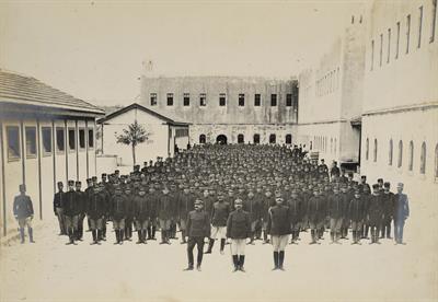 Crete. The 1st Battalion of Militia lined in the courtyard of the Itzedin fortress. Photograph, 1907-1909.