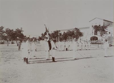 Crete. Handing of the italian honorary symbols. To the Right, the Italian barracks. Photograph, 1907-1909.
