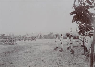 Crete. Parade of Italian troops in front of General Delarue. Photograph, 1907-1909.