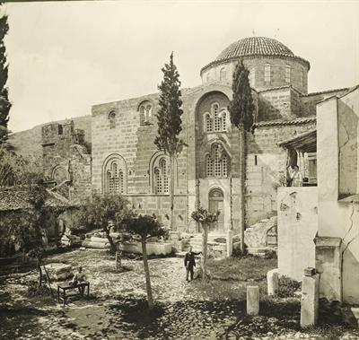 Daphni Monastery, Athens. The interior of the courtyard, view from the southeast. Photograph by Carl Siele, 1910. It was exhibited at the International Exhibition of Rome in 1911.