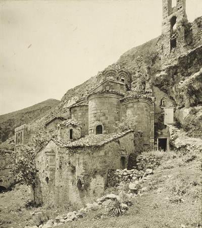 Mystras. Peribleptos Monastery, viewed from the east. Photograph by Carl Siele, 1910. It was exhibited at the International Exhibition of Rome in 1911.