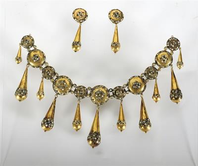 Earrings from Corfu. Convex disc and pear shaped element. Adorned with fine gold wire and colorful inlaid enamel.