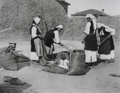 Western Macedonia. At the threshing floor. Photographic copy from a glass plate of Fred Boissonnas, c. 1903-1923. The glass plate is at the Museum of Photography in Thessaloniki.