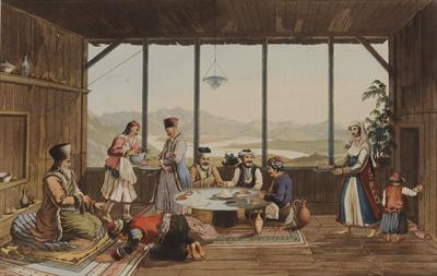 &quot;Dinner at Crisso, in the house of the Bishop of Salona&quot;. Δείπνο στο χωριό Χρισό, στο σπίτι του Επισκόπου της Άμφισσας. Ακουατίντα από το λεύκωμα &quot;Views in Greece&quot; του Edward Dodwell, Λονδίνο, 1821.