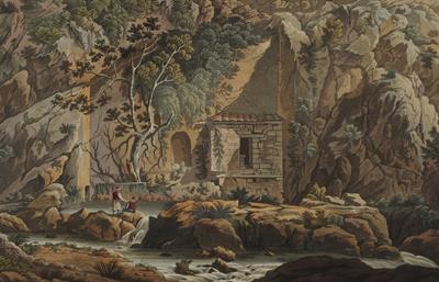&quot;The Kastalian Spring&quot;. The Castalian Spring in Delphi. Aquatint from the album &quot;Views in Greece&quot; by Edward Dodwell, London, 1821.