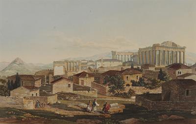 &quot;The West front of the Parthenon and the Erechtheion, from the Propylaea&quot;. Aquatint from the album &quot;Views in Greece&quot; by Edward Dodwell, London, 1821.