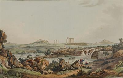 &quot;Temple of Jupiter Olympios and River Ilissos&quot;. The Temple of Olympian Zeus and the river Ilissos in Athens. Aquatint from the album &quot;Views in Greece&quot; by Edward Dodwell, London, 1821.