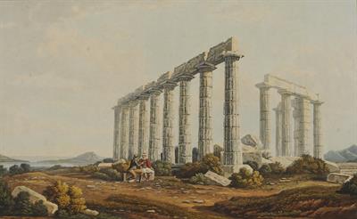 &quot;South-east view of the Temple at Sunium&quot;. Νοτιοανατολική άποψη του ναού του Ποσειδώνα στο Σούνιο. Ακουατίντα από το λεύκωμα &quot;Views in Greece&quot; του Edward Dodwell, Λονδίνο, 1821.