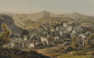&quot;Village of Portaria on Mount Pelion&quot;. Η Πορταριά, χωριό στο Πήλιο. Ακουατίντα από το λεύκωμα &quot;Views in Greece&quot; του Edward Dodwell, Λονδίνο, 1821.