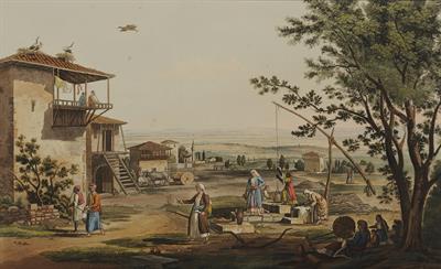Larissa. Snapshot of the everyday life in a nearby village. Aquatint from the album &quot;Views in Greece&quot; by Edward Dodwell, London, 1821.