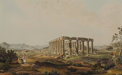 &quot;Temple of Apollo Epicurius on mount Kotylion in Arcadia&quot;. Ο ναός του Επικουρίου Απόλλωνος στις Βάσσες της Αρκαδίας. Ακουατίντα από το λεύκωμα &quot;Views in Greece&quot; του Edward Dodwell, Λονδίνο, 1821.