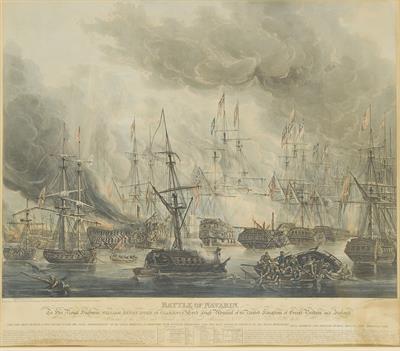 Σκηνή από τη ναυμαχία του Ναβαρίνου στις 20 Οκτωβρίου 1827. Ακουατίντα των R. Smart και H. Ryall από πίνακα που φιλοτέχνησε ο Sir Theophilus Lee, [περ. 1830].