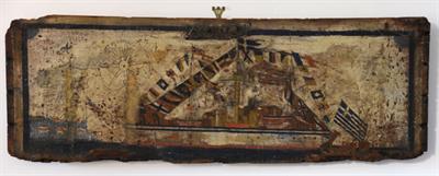 Wooden chest lid decorated with the painting of a greek ship, Lazaros Koundouriotis Historic Residence on Hydra Island