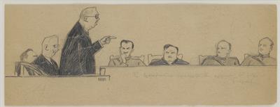 &quot;Commissioner Georgiadis pleading in front of the court martial&quot;. Courtroom sketch from the Trial of the Six by Periklis Vyzantios, November 1922.