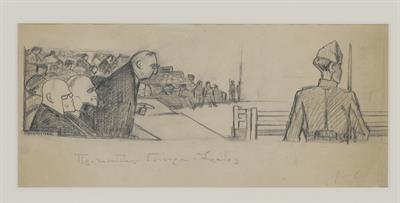 &quot;Protopapadakis, Gounaris, Stratos&quot;. Courtroom sketch from the Trial of the Six by Periklis Vyzantios, November 1922.