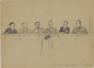 &quot;Οθωναίος, Γιαννικώστας, Χαβίνης&quot;. Σκίτσο από τη Δίκη των Έξι του Περικλή Βυζάντιου, Νοέμβριος 1922.