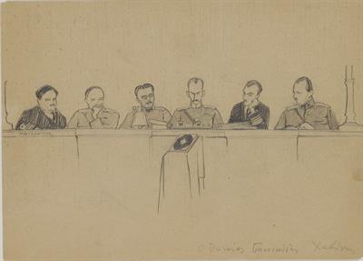 &quot;Othonaios, Giannikostas, Chavinis&quot;. Courtroom sketch from the Trial of the Six by Periklis Vyzantios, November 1922.