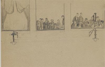 Άτομα παρακολουθούν τη δίκη από το υπερώο της Βουλής. Σκίτσο από τη Δίκη των Έξι του Περικλή Βυζάντιου, Νοέμβριος 1922.