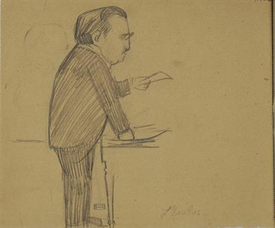 &quot;Stratos&quot;. Courtroom sketch from the Trial of the Six by Periklis Vyzantios, November 1922.