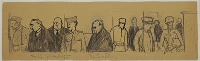 &quot;The defendants entering the courtroom&quot;. Courtroom sketch from the Trial of the Six by Periklis Vyzantios. It was published in the newspaper &quot;Eleftheros Typos&quot; on November 8/21, 1922.