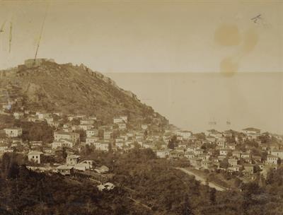 View of Giresun. On the left, at the top of the mountain stands the castle and part of the city walls. Photograph by Kakoulis Brothers, 1890&#039;s.