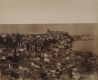 The view from Pheos hill. On the right, the custom house, Leontokastro and the port&#039;s lighthouse. Trabzon, Pontus. Photograph by Kakoulis Brothers, 1890&#039;s.