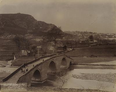 The bridge at the mouth of Pyxite river or Daphnopotamou and the watermills in Trabzon, Pontus. Photograph by Kakoulis Brothers, 1890&#039;s.