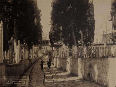 Road to the Imaret mosque in Trabzon, Pontus. On the left and right side a Muslim cemetery is visible. Photograph by Kakoulis Brothers, 1890&#039;s.