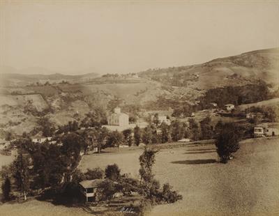 Panoramic view of the Pazarcik (Polita) village in Pontus with the church of Agios Georgios. Photograph by Kakoulis Brothers, 1890&#039;s.