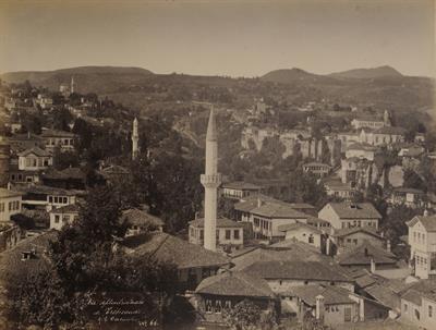 Partial view of Trabzon. The area of the Agios Georgios gorge and on the right the bridge of Tampa Khane. Photograph by Kakoulis Brothers, 1890&#039;s.