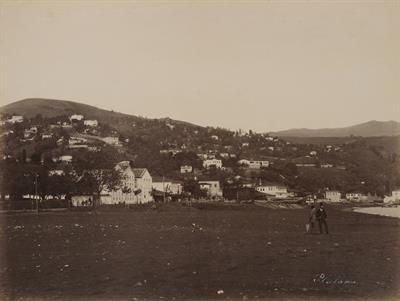 Panoramic view of Akcaabat (Platana). Trabzon, Pontus. At the top of the hill, the byzantine church of Taxiarches (13-14th century) is visible. Trabzon, Pontus. Photograph by Kakoulis Brothers, 1890&#039;s.