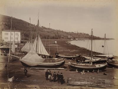 The beach in Akcaabat, Pontus. Yacht shipyard. Photograph of Kakoulis Brothers, 1890&#039;s.