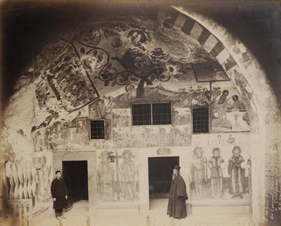 The threshold of the cave chapel of the Panagias Theoskepastos Monastery. The byzantine frescoes depict the founders of the monastrery, Emperor Alexios III Megas Komnenos and Theodora. Photograph by Kakoulis Brothers, 1890&#039;s.