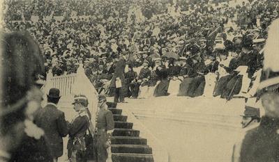 Ολυμπιακοί Αγώνες 1906. Οι βασιλείς της Ελλάδας και της Αγγλίας στην κερκίδα των επισήμων του Παναθηναϊκού Σταδίου. Επιστολικό Δελτάριο.