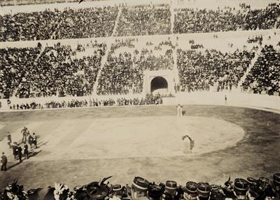Olympic Games 1896. The south part of the Panathenaic Stadium during a sports event. Photograph.