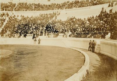 The south east part of the Panathenaic Stadium with sports fans at the tiers during the Olympic Games 1896.