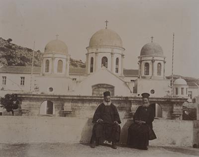 Crete. Monks at the Monastery of Agia Triada (Holy Trinity) in Akrotiri, Chania. Photograph, 1909.