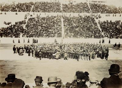 Olympic Games 1896. Snapshot from the prize giving ceremony for the winners. Photograph.