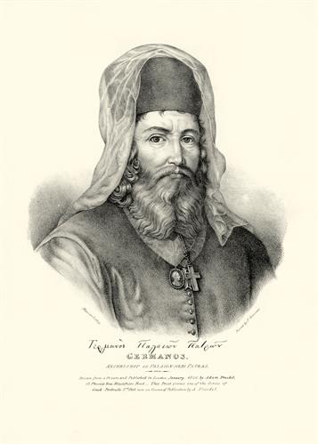 Germanos, Archbishop of Old Patras, one of the religious leaders of the Greek War of Independence. Lithograph by Adam Friedel from the album &quot;The Greeks. Twenty four portraits, (in four parts of six portraits each), of the principal leaders and personages