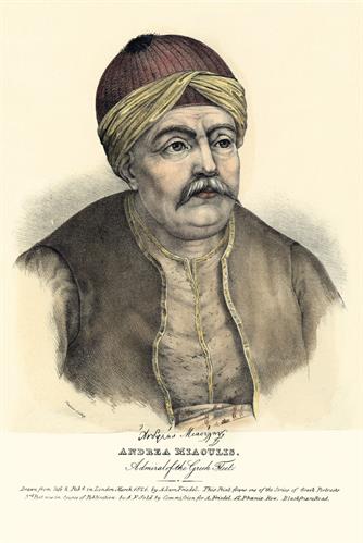 Andreas Miaoulis, admiral of the Greek fleet during the Greek War of Independence. Handpainted lithograph by Adam Friedel from the album The Greeks. Twenty four portraits, (in four parts of six portraits each), of the principal leaders and personages who 