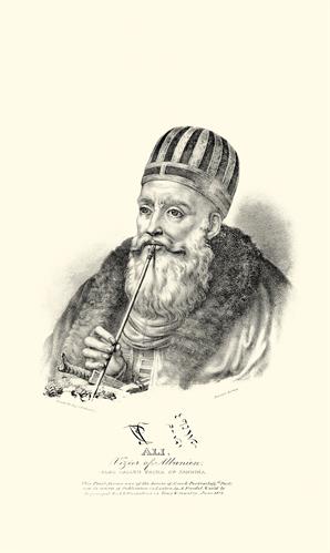 Ali Pasha Tepedelenli, Vizier of Albania, known as Pasha of Ioannina. Lithograph by Adam Friedel from the album &quot;The Greeks. Twenty four portraits, (in four parts of six portraits each), of the principal leaders and personages who have made themselves mos