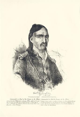 Theodoros Kolokotronis, Commander in Chief of the Greek military forces in the Peloponnese during the Greek War of Independence. Lithograph by Adam Friedel from the album &quot;The Greeks. Twenty four portraits of the principal leaders and personages who have 