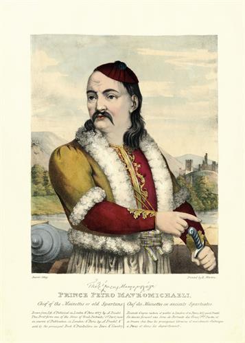 Petrobey Mavromichalis, leader of Maniates during the Greek War of Independence. Handpainted lithograph by Adam Friedel from the album &quot;The Greeks. Twenty four portraits of the principal leaders and personages who have made themselves most conspicuous in 