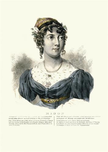 Manto Mavrogenous, daughter of Ruler Nikolaos Mavrogenes, heroine of the Greek War of Independence from Mykonos. Handpainted lithograph by Adam Friedel from the album &quot;The Greeks. Twenty four portraits of the principal leaders and personages who have made