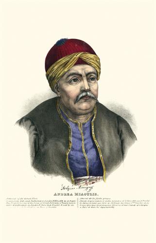 Andreas Miaoulis, admiral of the Greek fleet during the Greek War of Independence. Handpainted lithograph by Adam Friedel from the album &quot;The Greeks. Twenty four portraits of the principal leaders and personages who have made themselves most conspicuous i