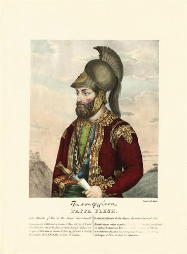 Grigorios Dikaios, known as Papaflessas, Minister of War of the Provisional Administration of Greece during the Greek War of Independence. Handpainted lithograph by Adam Friedel from the album &quot;The Greeks. Twenty four portraits of the principal leaders an